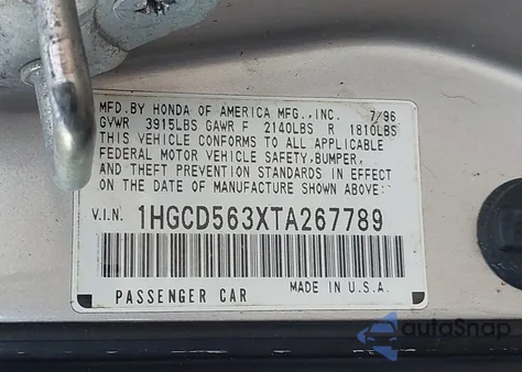 1996 Honda Accord Lx/Ex from USA, damaged, VIN 1HGCD563XTA267789